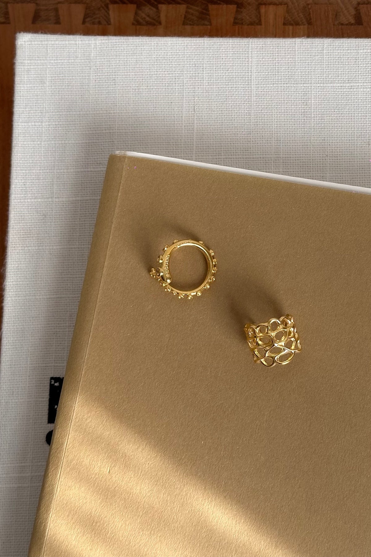 Feggeri Okto and Astra Coral rings in gold vermeil on a book