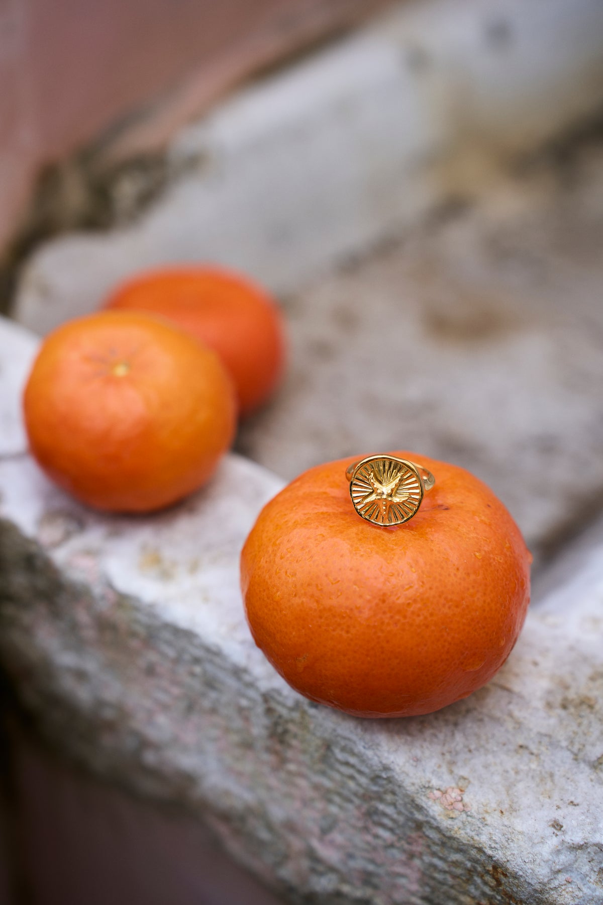 Feggeri Astra starfish signet ring in gold vermeil resting on an orange