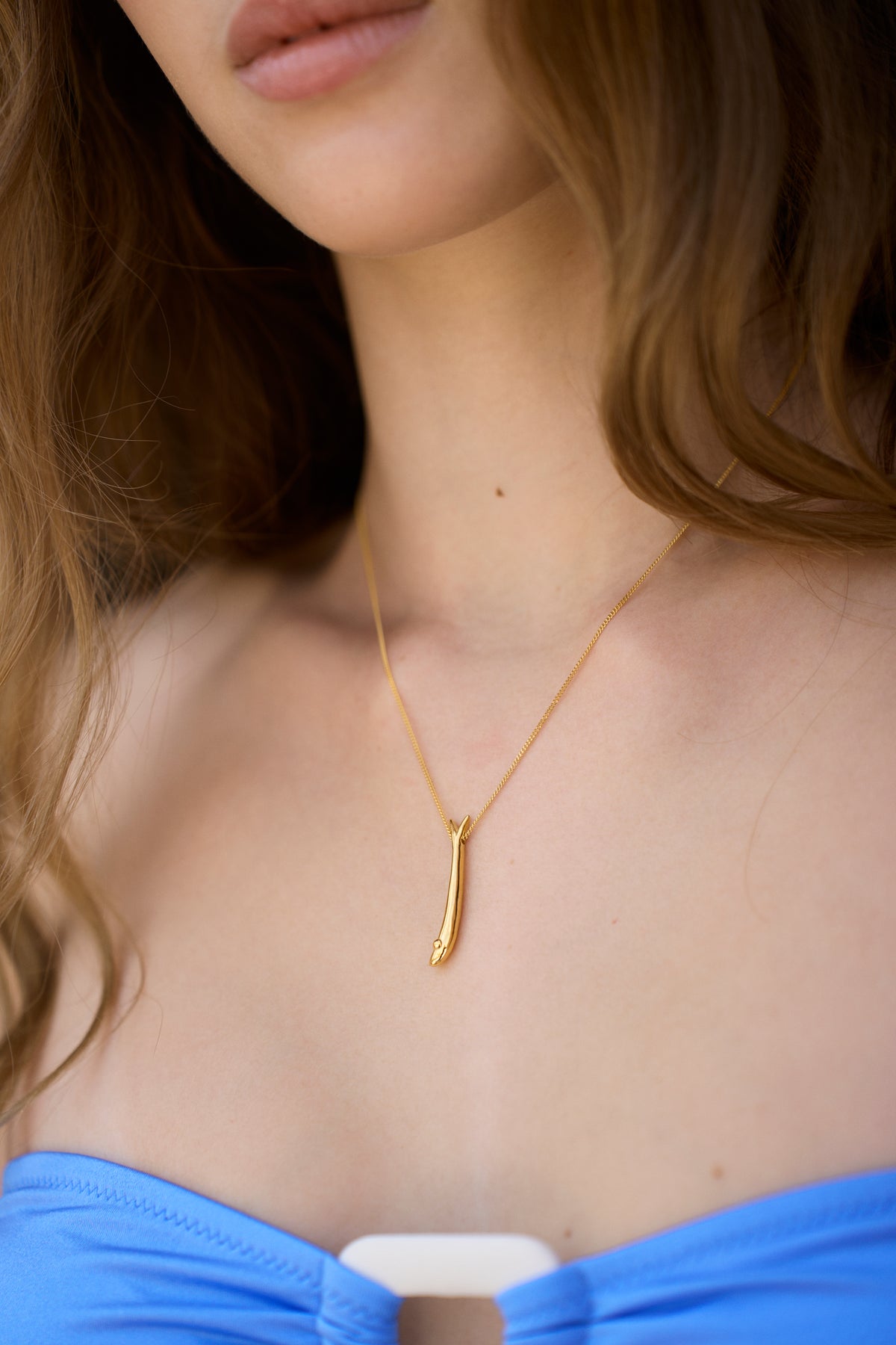 Feggeri Psari Gold Vermeil Fish Necklace worn by a model
